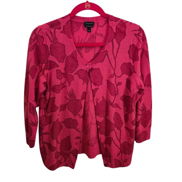 Talbots 100% Pure Merino Wool Pink Red Floral 3/4 Sleeve Cardigan Sweater Size L - Picture 1 of 4
